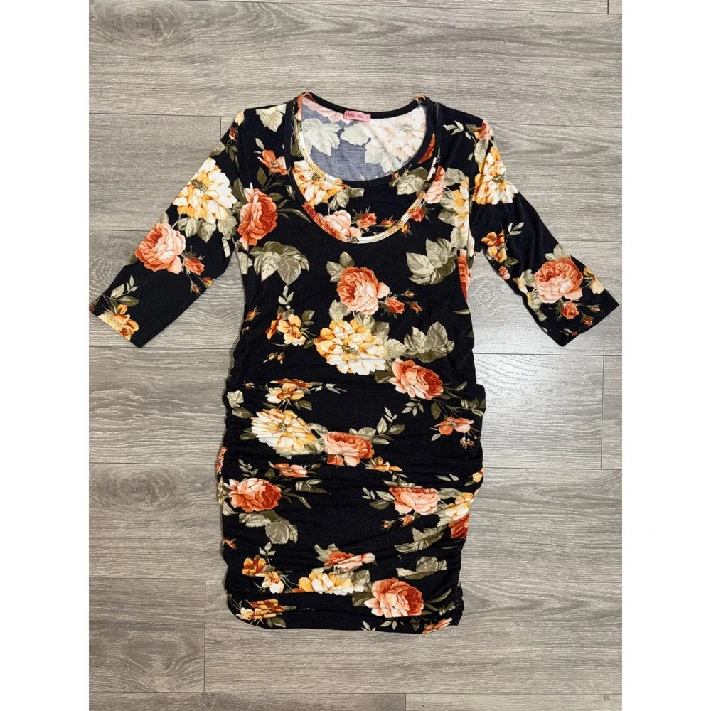 Hello Miz Maternity Midi Dress L Floral Ruched Sheath Navy Orange